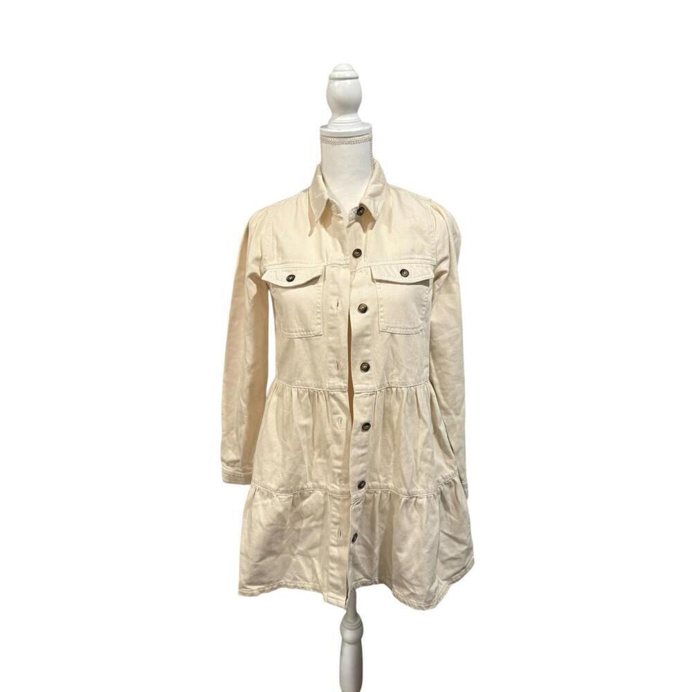 Free People We the Free Tiered Utility Shirt Dress – Size Small (Ivory)